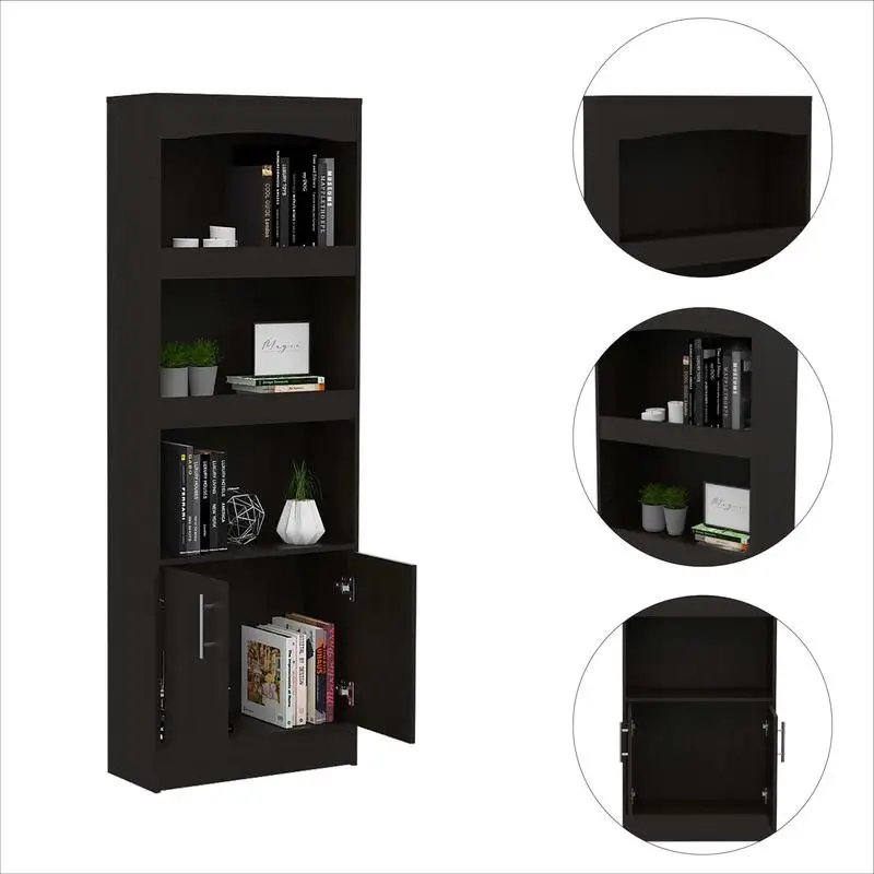 Three-Shelf Bookcase with Double Door Cabinet Storage Unit