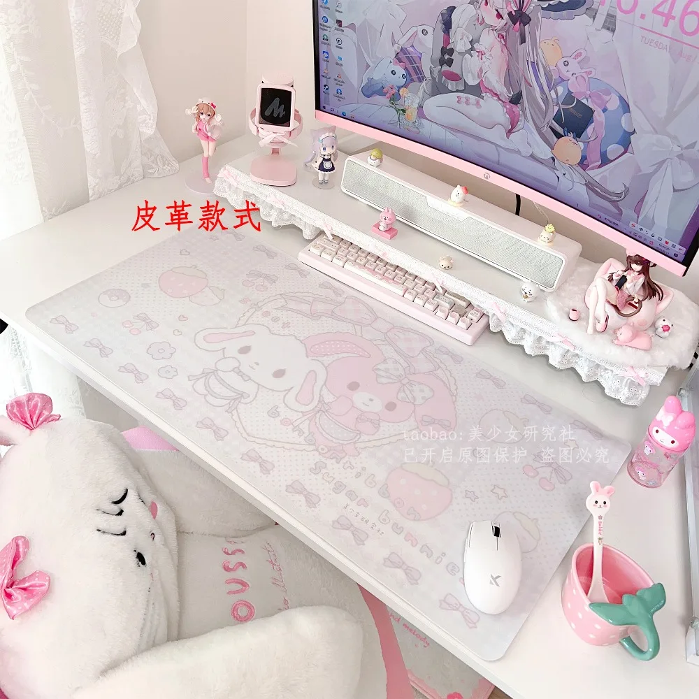 Kawaii Sanrio Sugar Bunnies Large Mouse Pad PU Leather Waterproof Non-Slip Office Desk Mat Anime Cartoon Computer Keyboard Mat