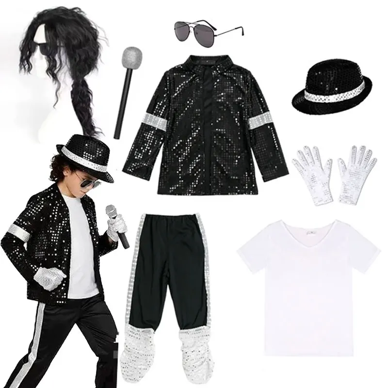 Kids Michael Jackson Costume Black Sequin Jacket Pants Hat Gloves Set Boys Pop Star Stage Halloween Carnival Cosplay Outfit