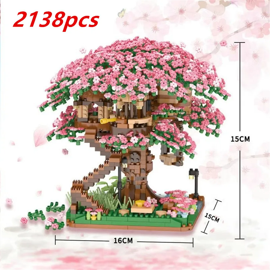 2138pcs Mini Sakura Boom Bouwstenen Set Kersenbloesem Bakstenen Boomhut Model Romantische Cadeaus voor Vriendin