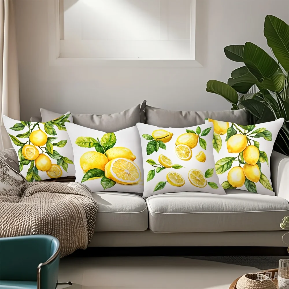 Lemon Watercolor Print Throw Pillow Cover Decorative Cushion Tropical Citrus Foliage Wall Art Home Decor Summer Mediterranean St