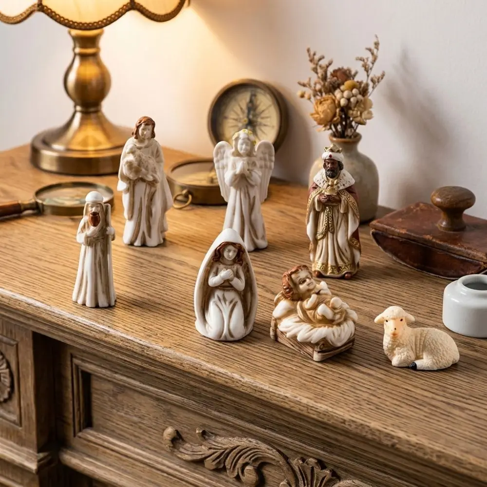 7Pcs Miniature Nativity Scene Figurine Set Vintage Resin Craft Christmas Manger Resin Statues Desktop Scene Collectible