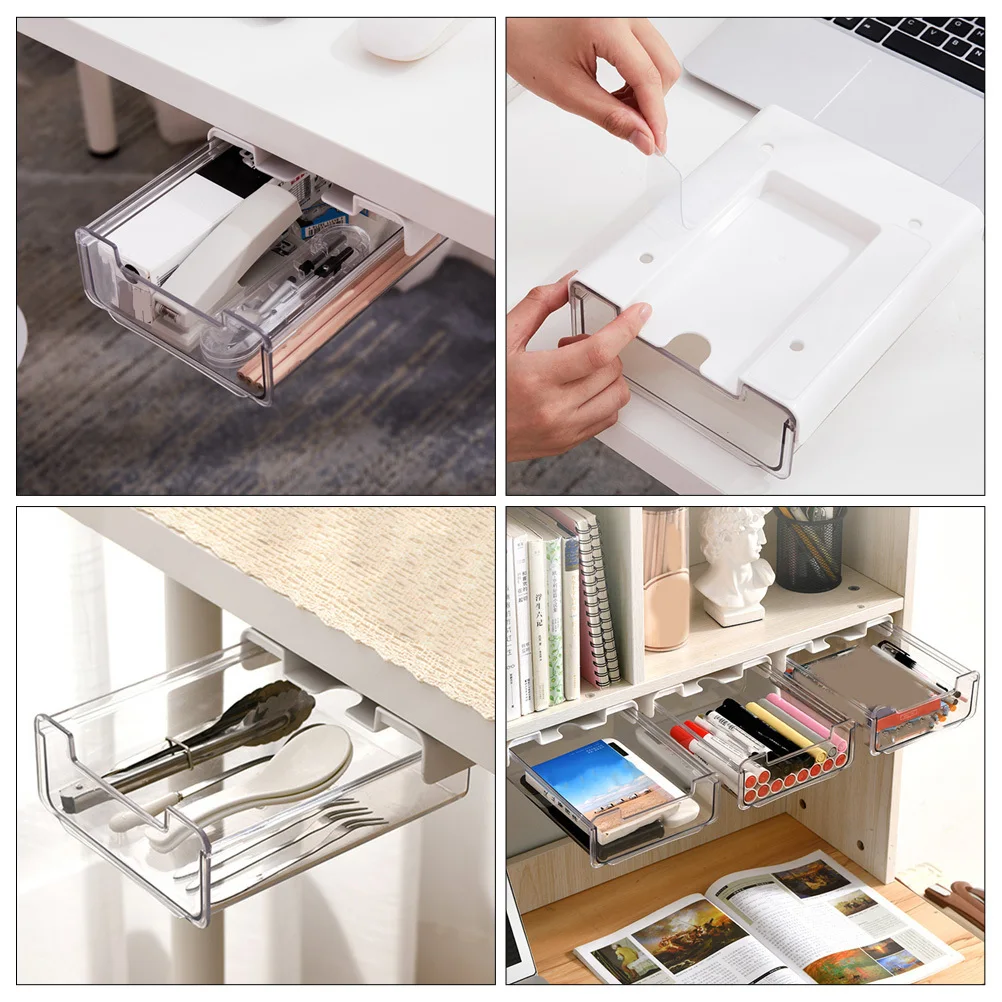 Under Table Plastic Self-Adhesive Under Desk Drawer Hidden Storage Box For Desk Organizer Stationery Office Supplies