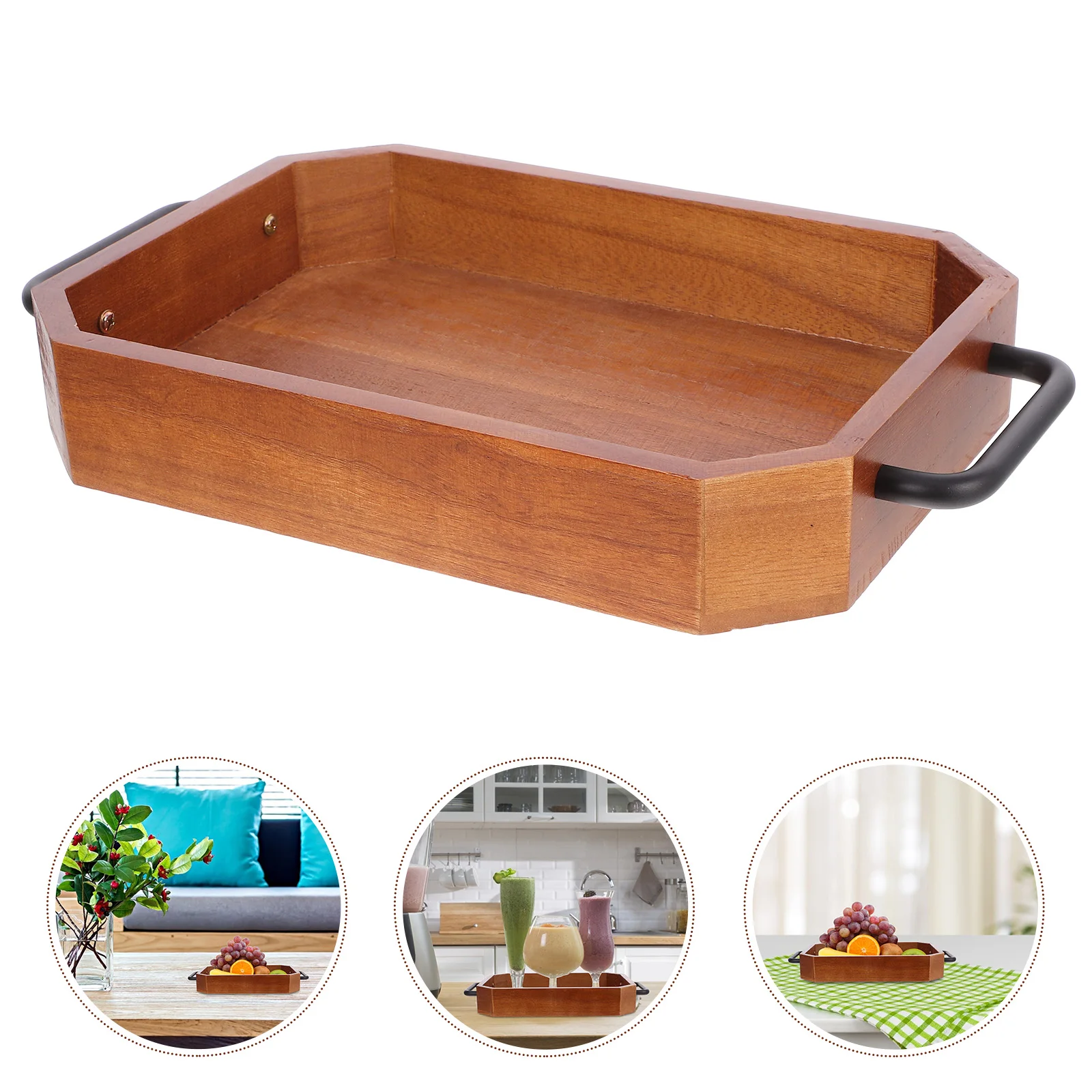 

1pc Wooden Serving Large Capacity Double Handle Snack Bread Fruits Tea Cup Storage For Home Coffee Shop Rectangular Food Serving
