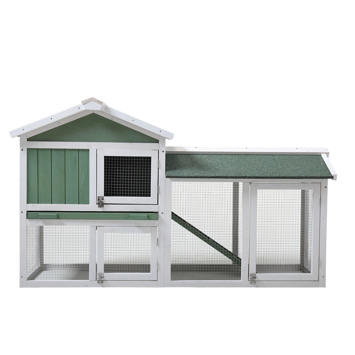 OCACA 1 PC Large Wooden Rabbit Hutch Indoor and Outdoor Bunny Cage with a Removable Tray and a Waterproof Roof, Grey Green+White