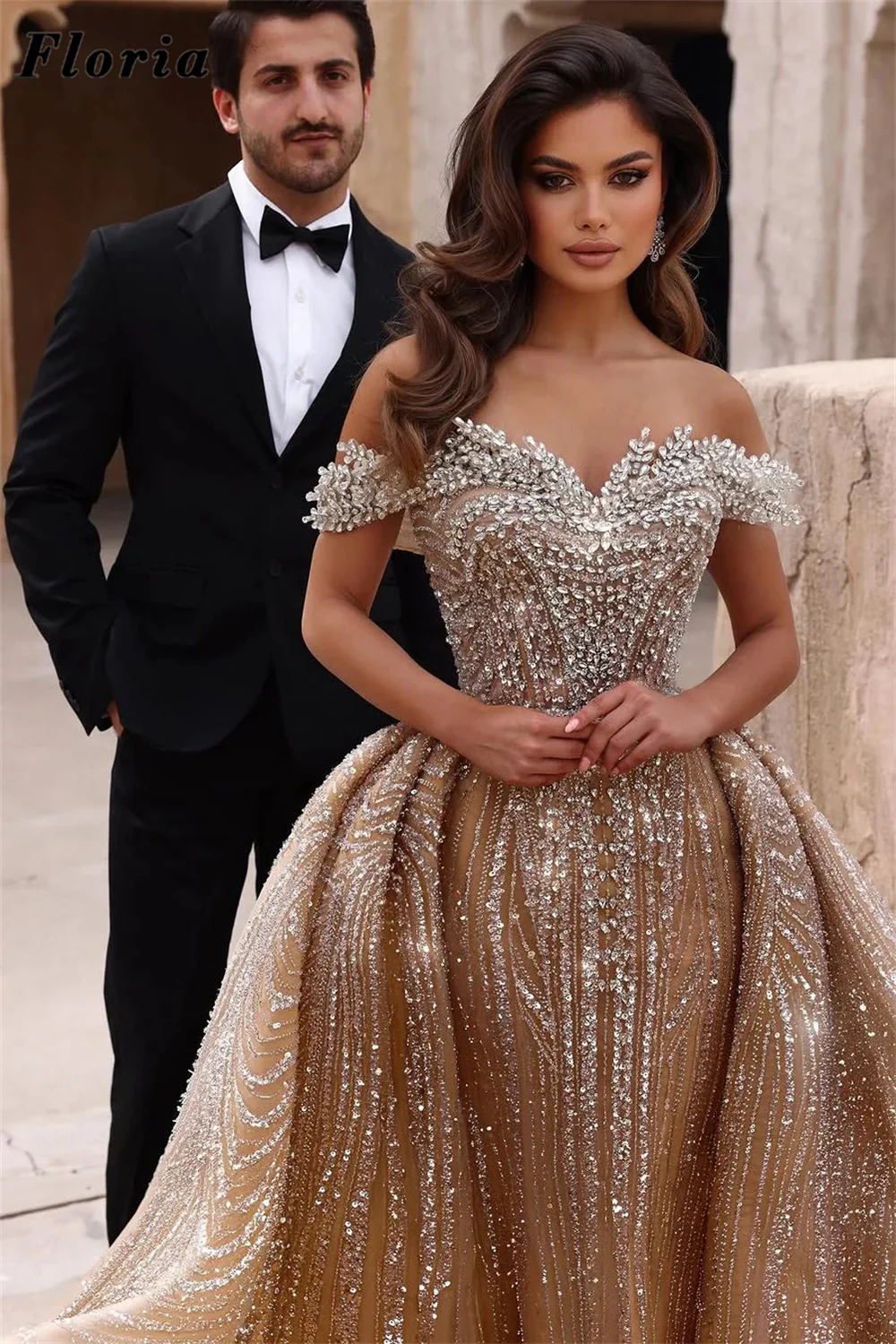 

Роскошные вечерние платья цвета шампанского с бисером и длинным шлейфом, свадебное платье с кристаллами, вечерние платья, Vestidos De Noche по индивидуальному заказу