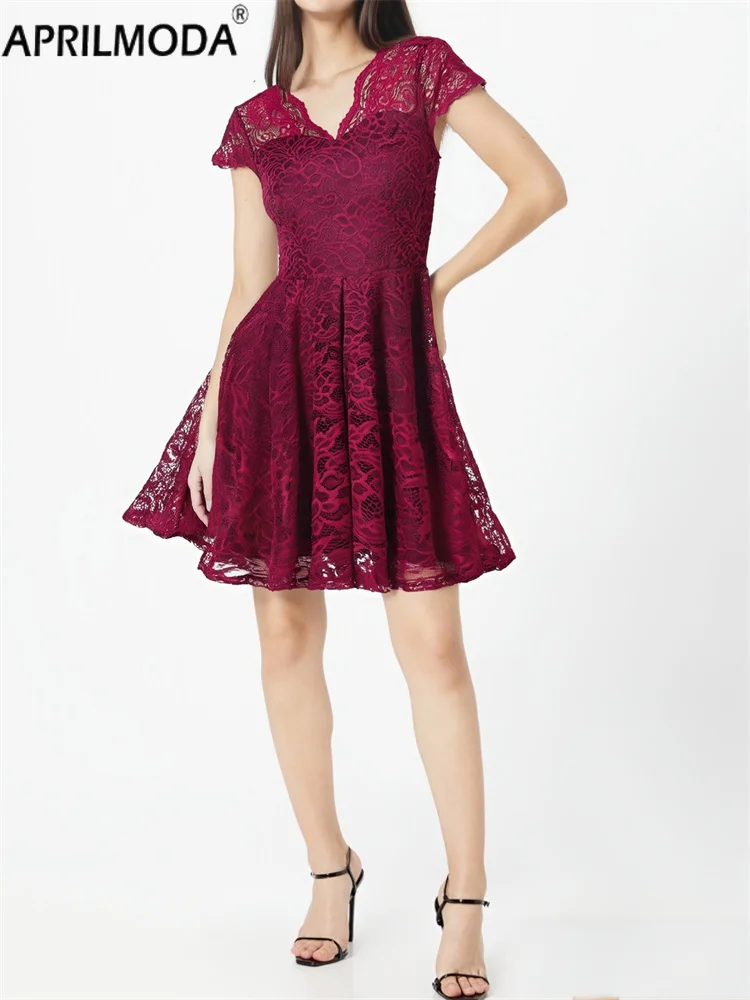 Elegant Summer V-Neck Cap Sleeve Solid Princess Lace Dresses Women Vintage Style Clothes Formal Occasion Pleated Swing Dress