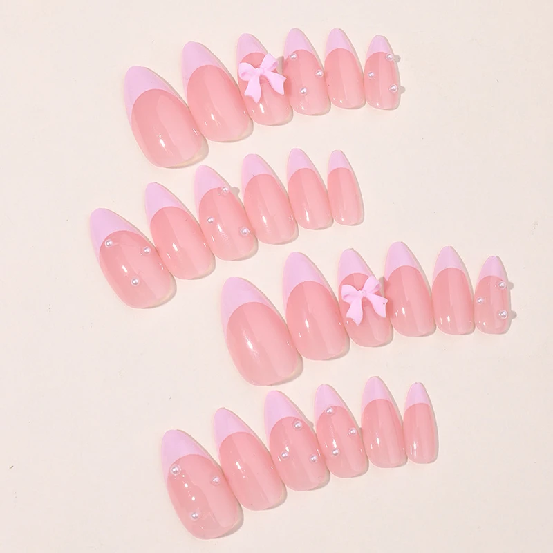 Faux ongles français en poudre pour femmes et filles, nail art, petite goutte d'eau, nœud perlé, presse sur le bord, perfecemballages, portable, N64.24 pièces