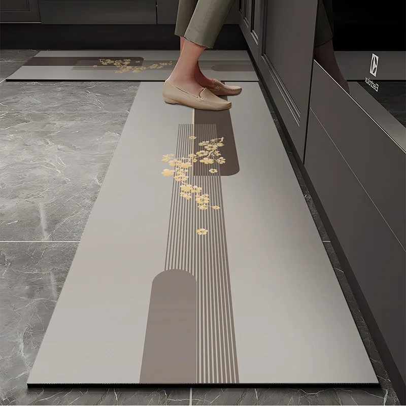 

Kitchen Floor Mat Anti-slip Oil-proof Erasable Carpet Leather PVC Waterproof Rug Beige Line Texture Home Decoration Mats 주방 카펫