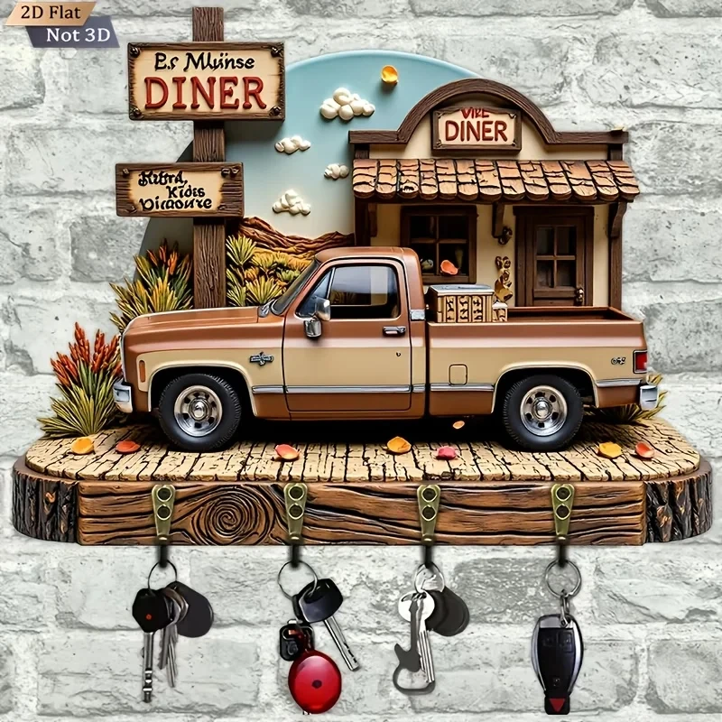 2D Flat Single-Piece Vintage Truck-Shaped Wooden Key Holder with 4 Metal Hooks | Wall Mount, Porch, Room, Villa Decor,