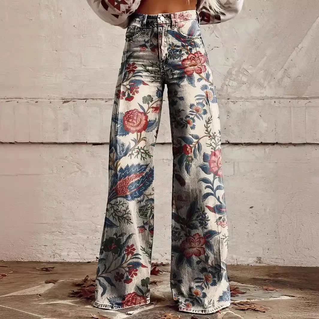 Women Wide-leg Casual Pants Stylish Women's Denim Pants with Digital Flower Print Wide Leg Casual Trousers with for Trendy