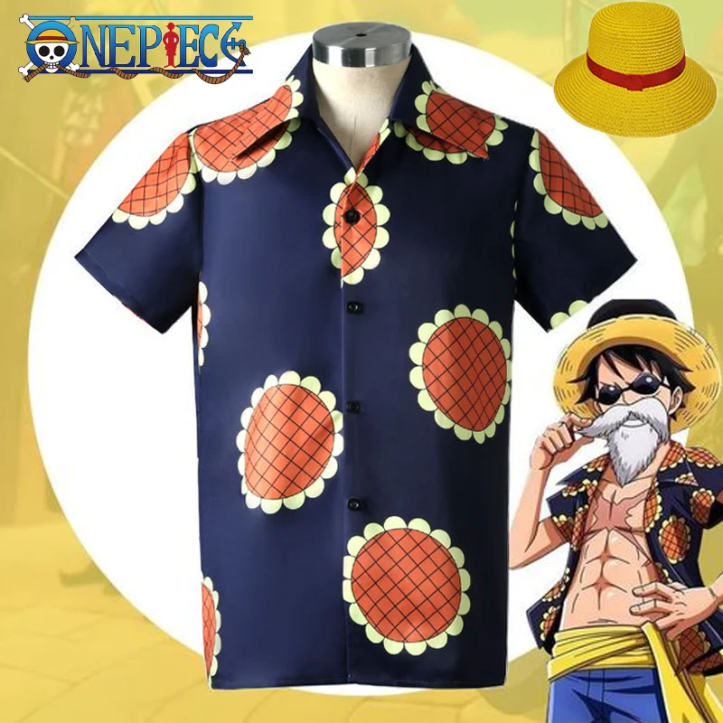 Monkey D Luffy Cosplay Costume Summer Sunflower Print Blue Casual Top T-Shirt Hat Uniform One Piece Halloween Party Suit for Men