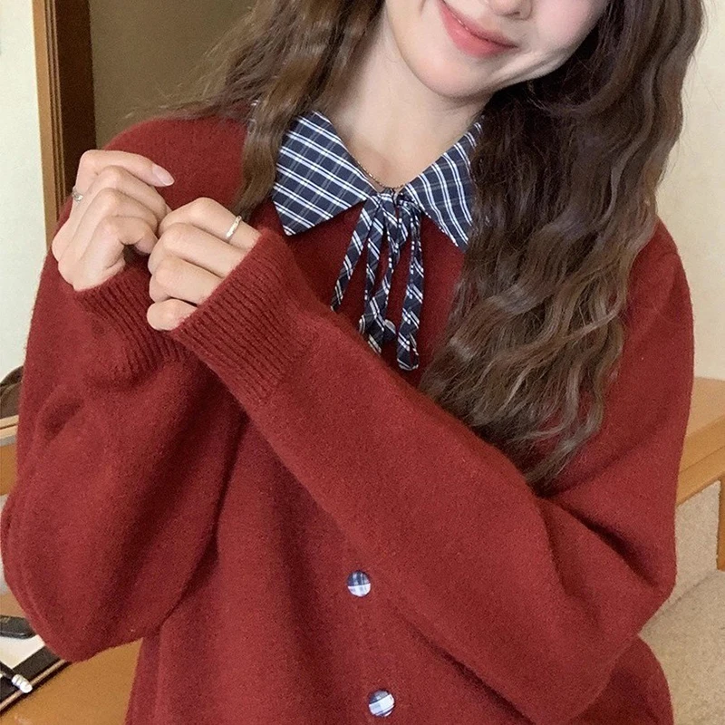 

Korean Preppy Style Lapel Sweater Cardigan Women Harajuku Patchwork Knitted Sweaters Autumn Bow Lace-up Retro Knitting Cardigans