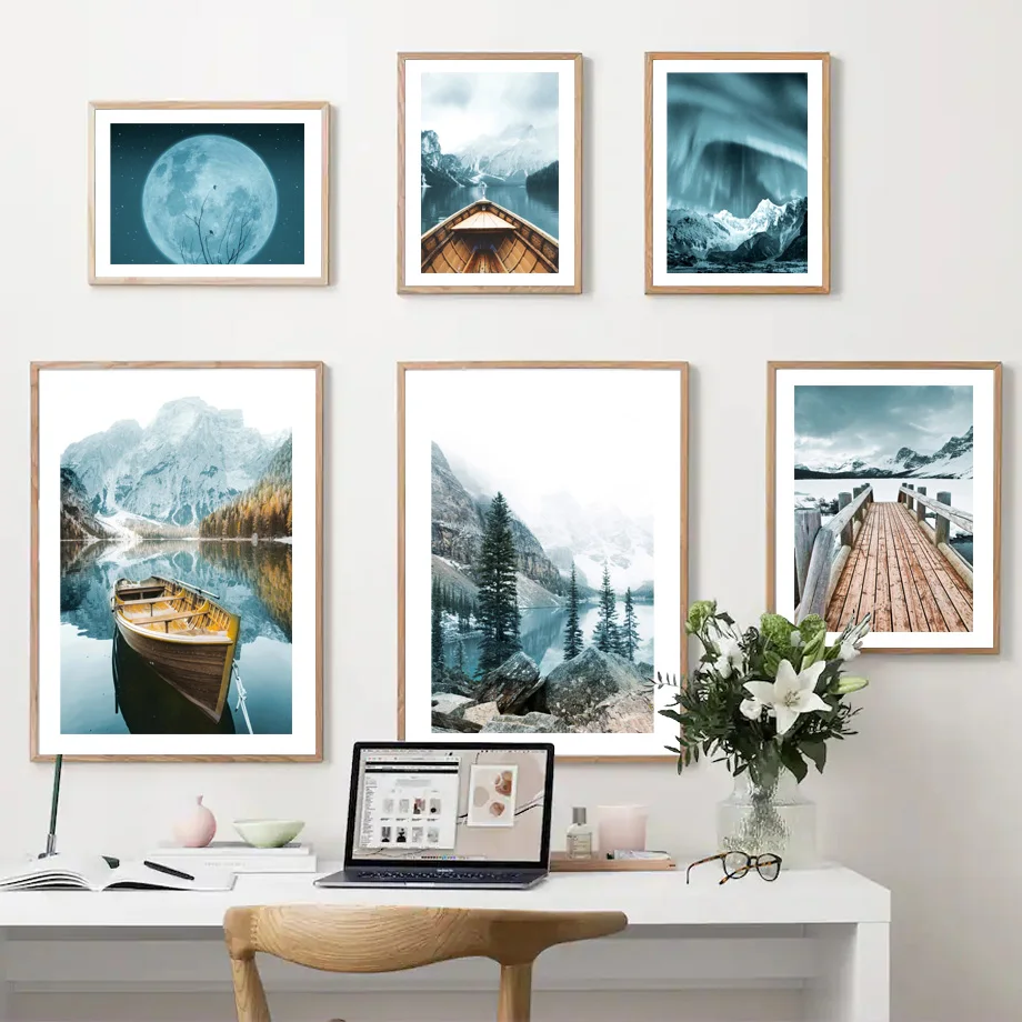 Nordic Poster Snow Mountain Calm Lake Pier Boat Wild Grass Moon Wall Art Mural Print Canvas Painting Pictures Living Room Decor