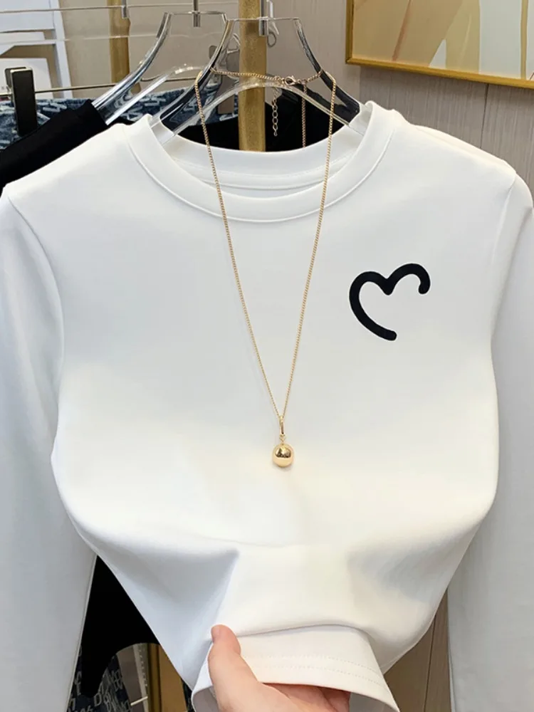 White Long Sve Printed Heart Women's Base irt Inner Wear T-irt Korean Sle Commute Faion Pure Cotton  Knot