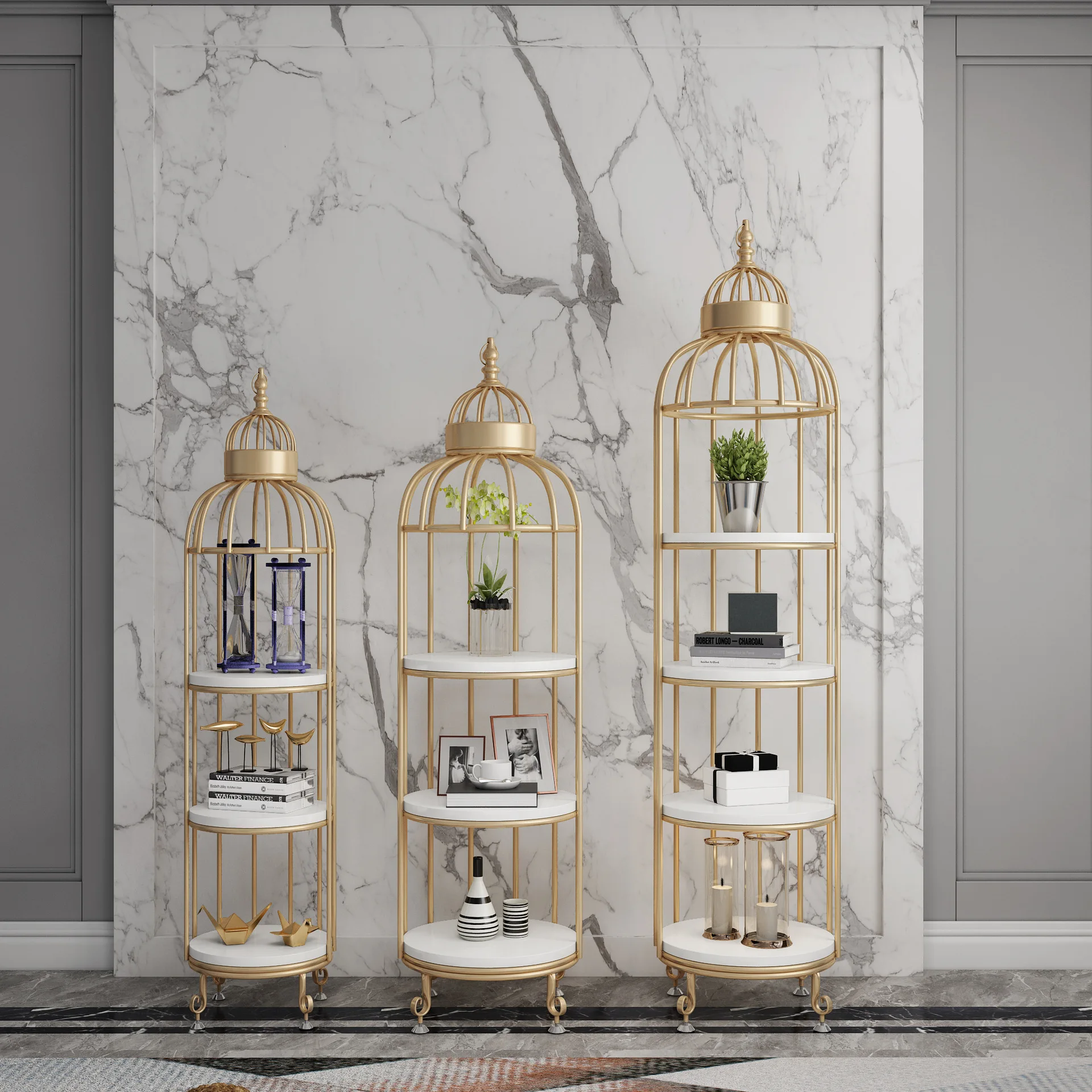 Multi-tier Creative Birdcage Rack for Living Room Indoor Iron Flower Stand Solid Wood Shelf  Decoration  Home Storage Racks