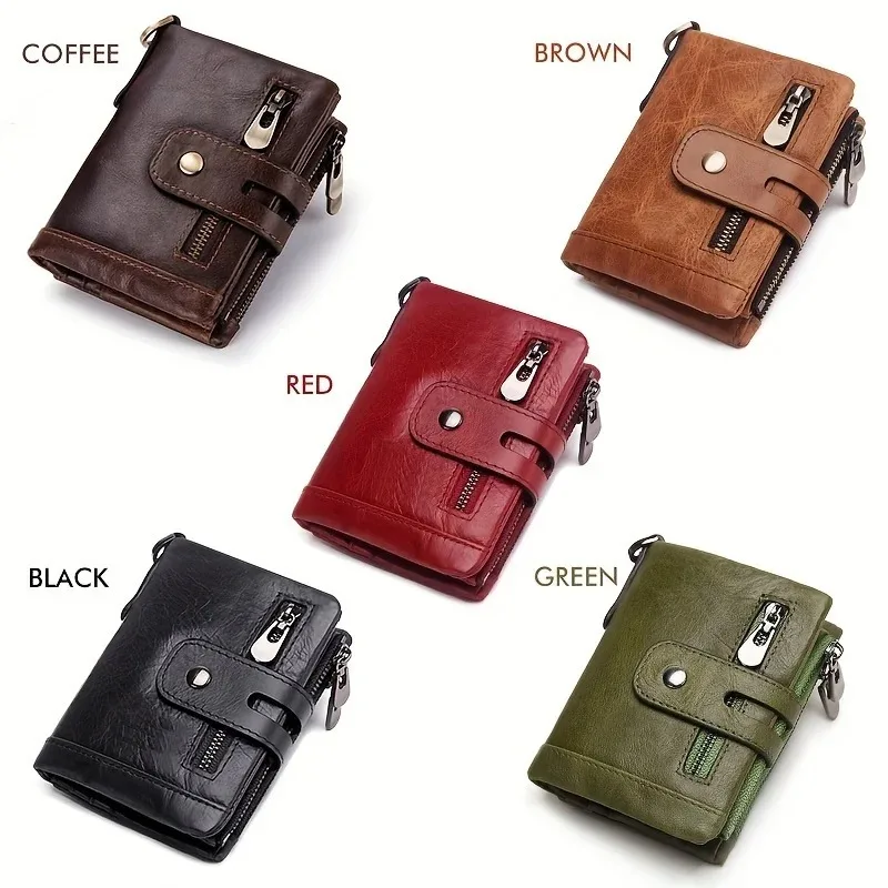 Short Genuine Leather Wallet Head Cowhide Card Case Tri-fold US Money Clip rfid Multicolour