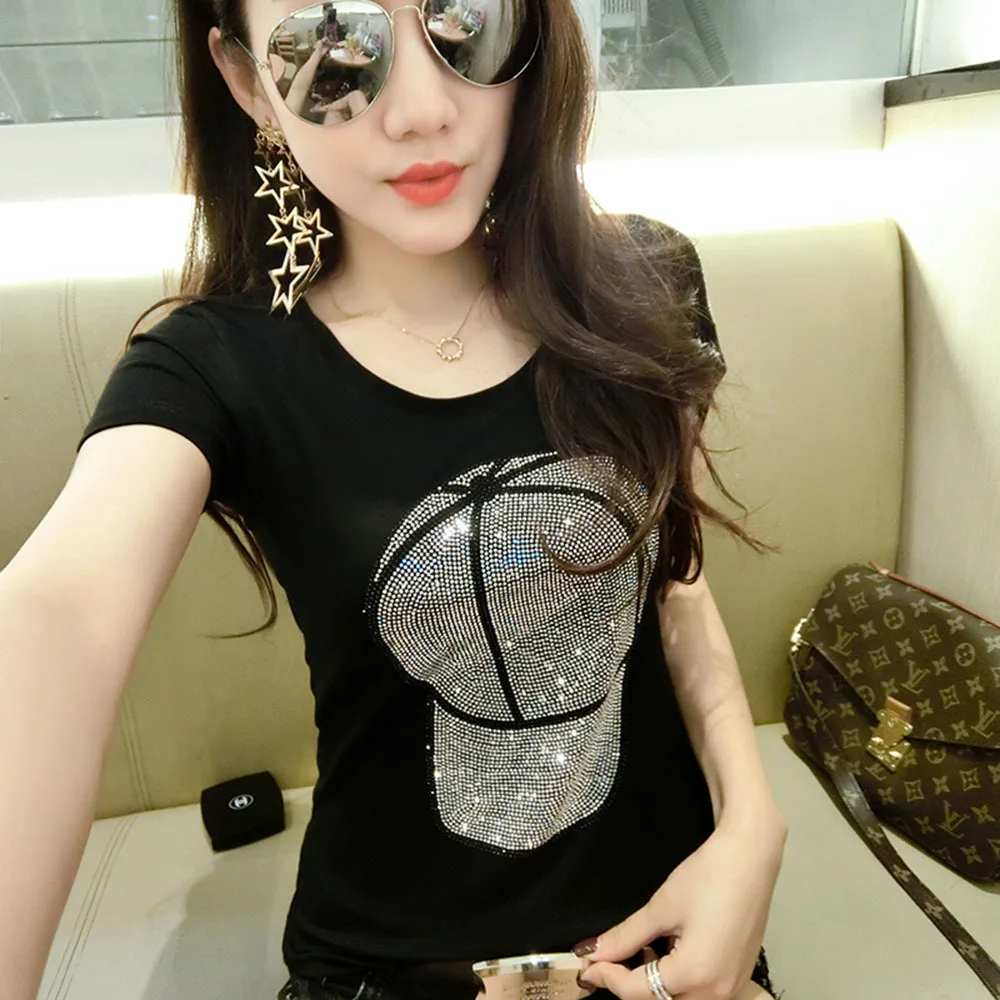 T-shirts women 2022 summer new Fashion motion ball cap decoration Hot diamonds female clothes tees short sleeve tops Pullovers