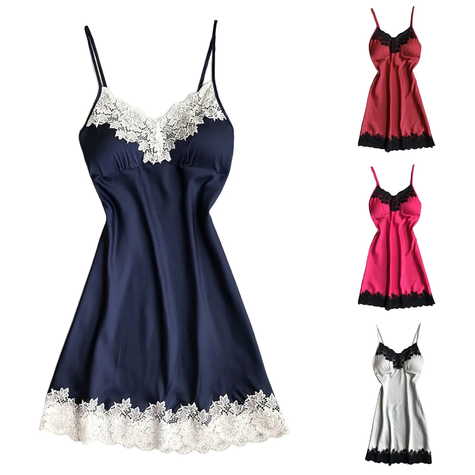 Women\'s Sexy Lingerie Sleepwear Summer Nightgown Lace Patchwork Mini Night Dress Spaghetti Strap Ladies With Chest Pad