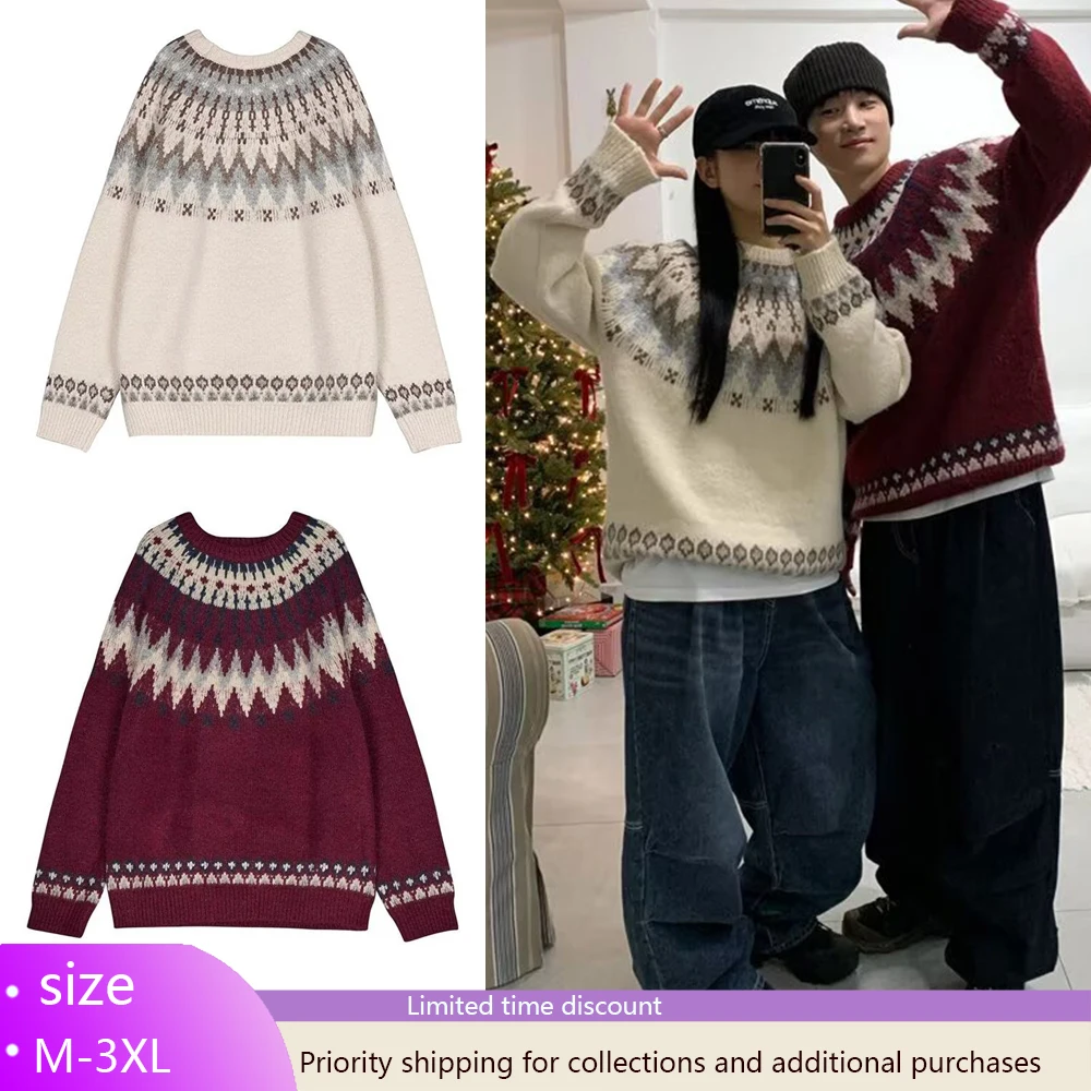 

Harajuku Knitted Women Sweater Print O-neck Couple Long Sleeve Casual Loose Sweaters Female Winter Elegant Trendy Ladies Clothes