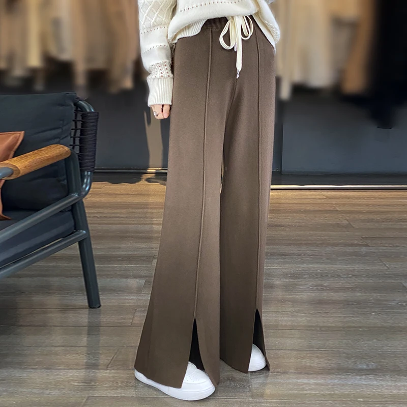 

Winter 2023 New Women's Woolen Fleece Warm Pants Elastic Waist Drawstring Autumn Chic Female Casual Mid Line Slit Wide Leg Pants