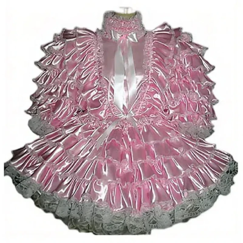 

New Sissy Lockable Pink Satin Adult Lace Ruffle Polygon Party Dress Maid Costume Customization