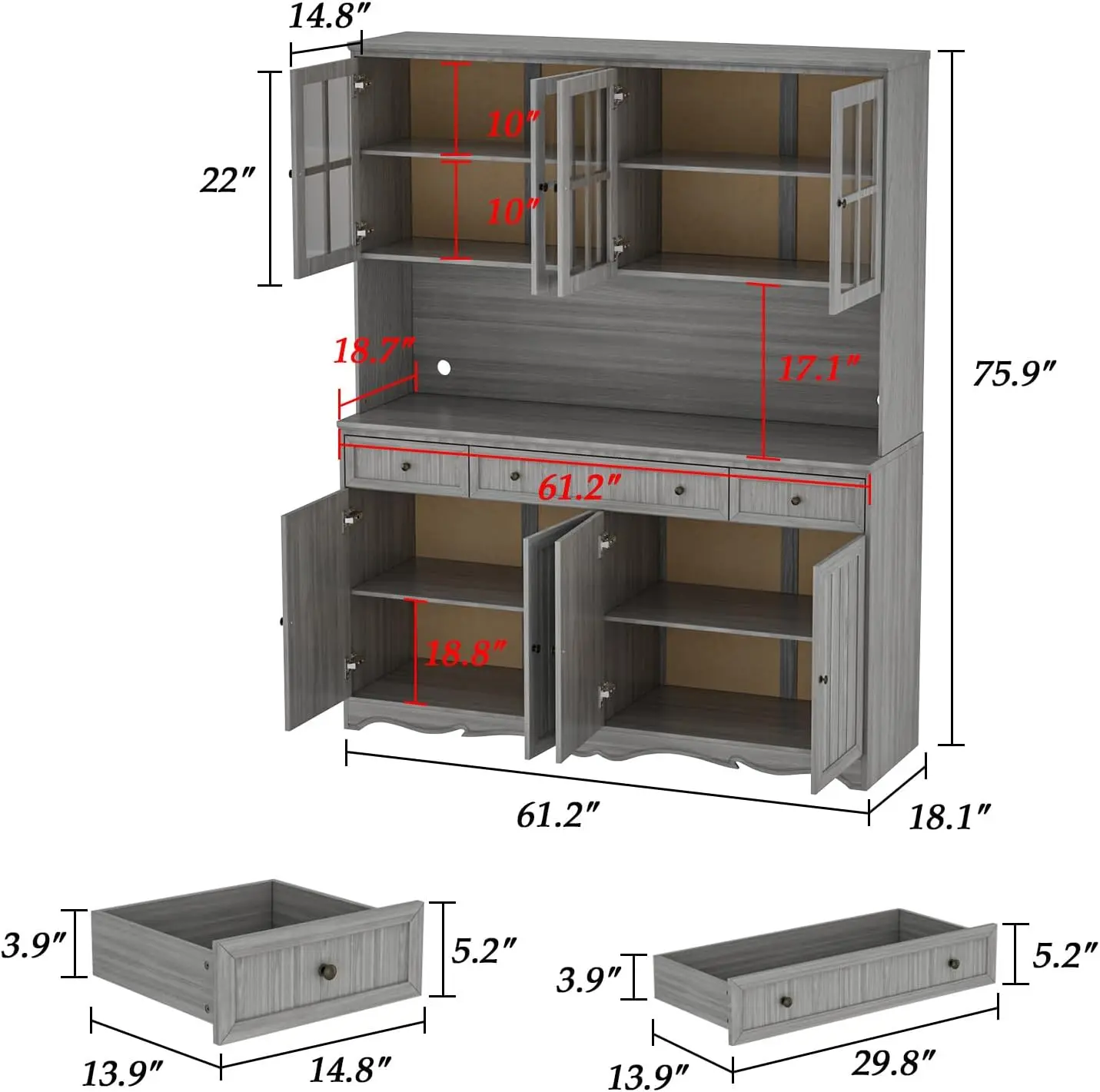 75.9 Kitchen Pantry Cabinet with Glass Doors & Hutch, Large Wood Storage Cabinet with 8 Shelves & 3 Drawers