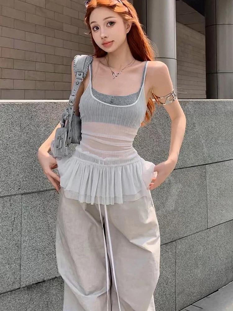 TARUXY Hot Girl Slip See Through Cover Up Ruffled Sexy Slim Patchwork Summer Fashion Sleeveless Short Vest Top Pullover Female