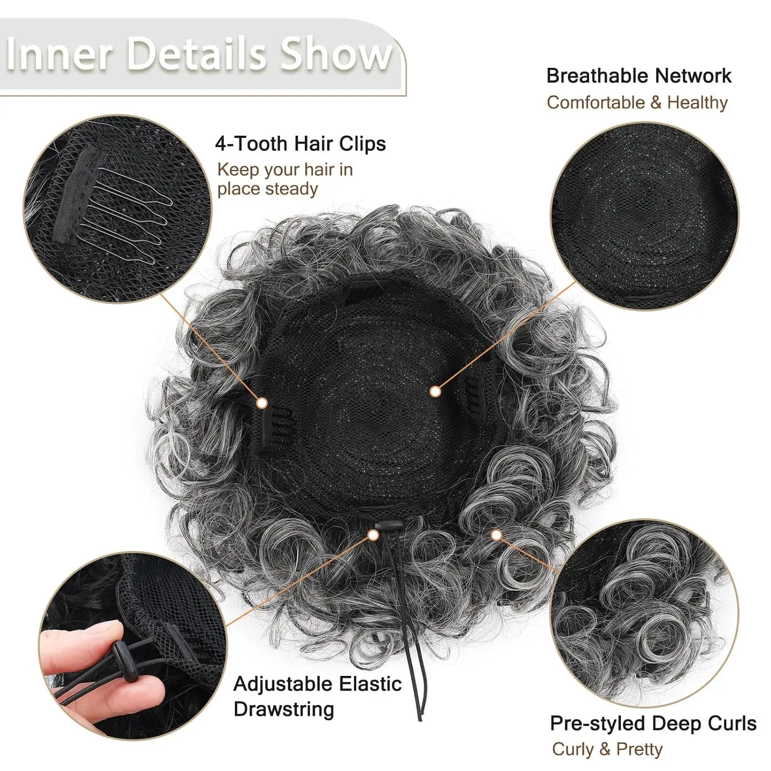 Coques de cabelo cinza encaracolado bagunçado pedaço de cabelo clipe em pedaços de cabelo sintético para mulheres sal e pimenta bun extensões de cabelo grande onda