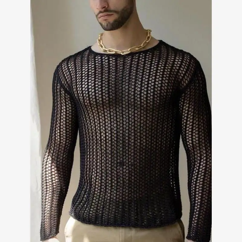 Fashionable Hollow out Slim Fit Long Sleeve Base Shirt Men's T-Shirt Summer 2025 City Walk Standard Fit Bright Thread Viscose