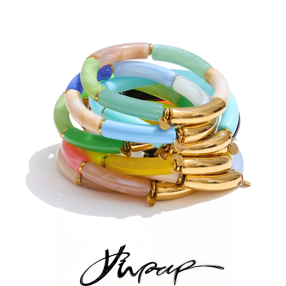 Yhpup 2026 Resin Acrylic Tubular Candy Multicolored Bracelet Bangle Stainless Steel Spring Summer Handmade Fashion Wrist Jewelry