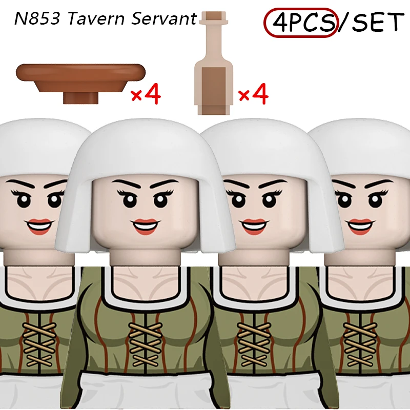 Middeleeuwse soldaat ridder leger bouwstenen kasteel militair dorp boer smid wachter plaat fles accessoires stenen speelgoed