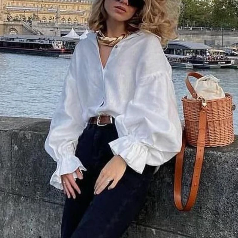 Women's Clothing 2025 Summer New Style Loose Oversized Lapel Lantern Sleeve Long Sleeved Shirt Women's Top