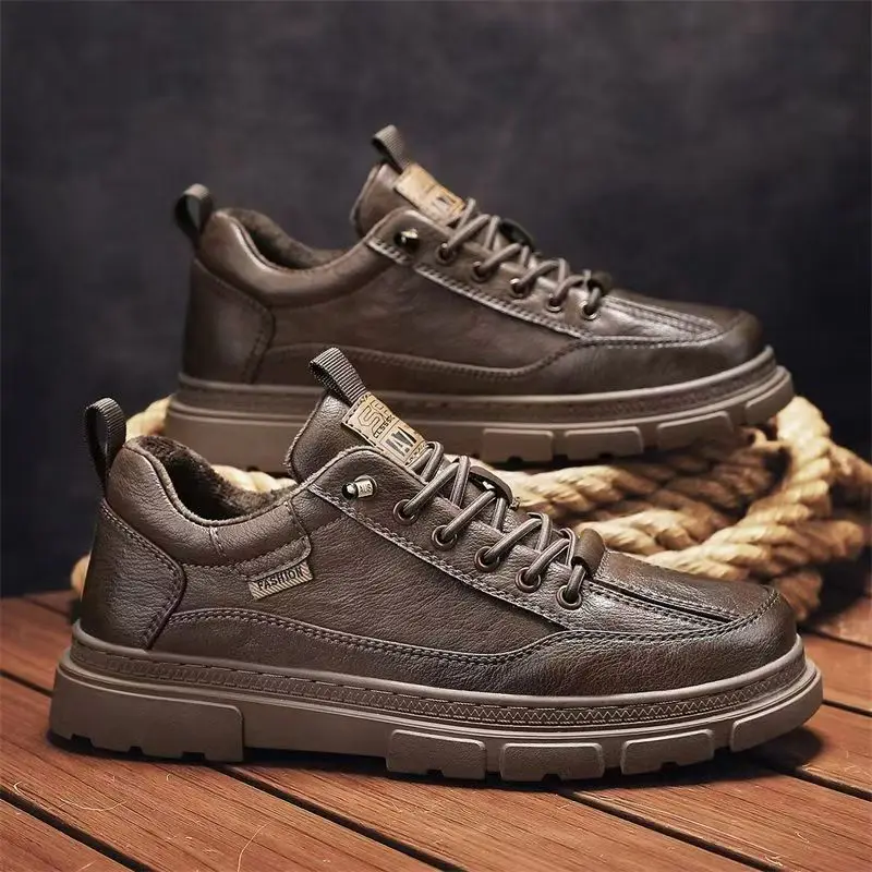 

Men Pu Leather Plush Keep Warm Work Boots Winter New Thick Sole Non Slip Waterproof British Style Lace Up Casual Cotton Boots