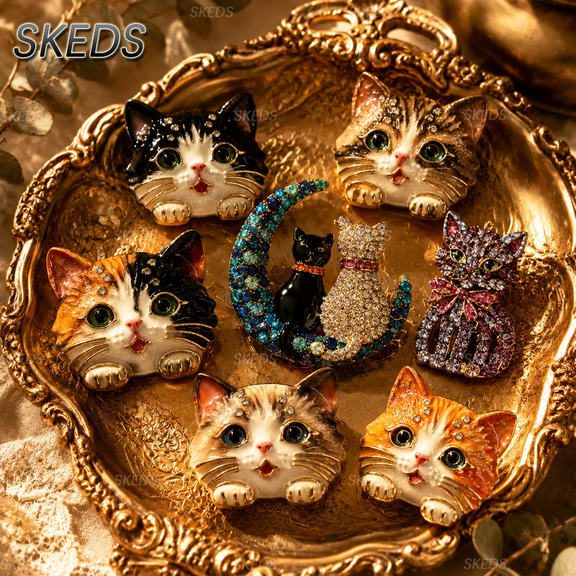Vintage Calico-Katzen-Brosche mit Strass und Emaille, Katzen-Anstecknadel mit Grünen Augen, Modisches Kleidungszubehör, Geschenk für Katzenliebhaber