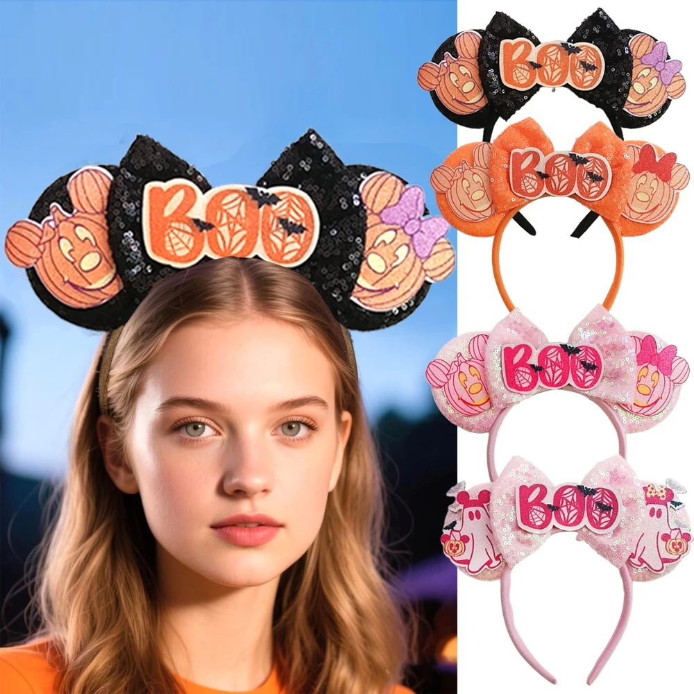 

Милая повязка на голову Disney на Хэллоуин с блестками и ушками Минни Маус для девочек, одежда для праздничной вечеринки, женские милые аксессуары для волос для вечеринок