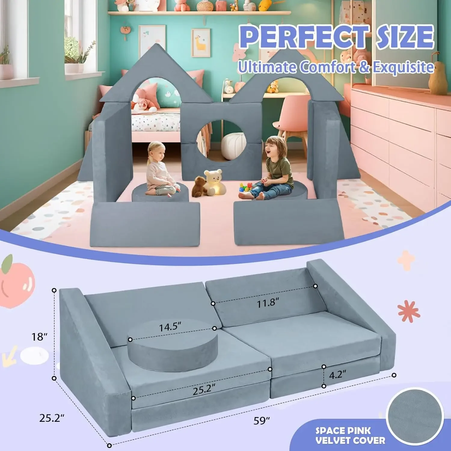 2024 New Modular Kids Play Couch, 12pcs Toddler Sofa Couch Building Fort, Versatile 300+DIY Creativing Playroom Bedroom Furnitur