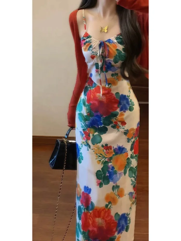 Island Vacation Long Slimming Summer Beachwear Arm Cover Cardigan Floral Print Two-Piece Set Strapless Dress High Waist Gown
