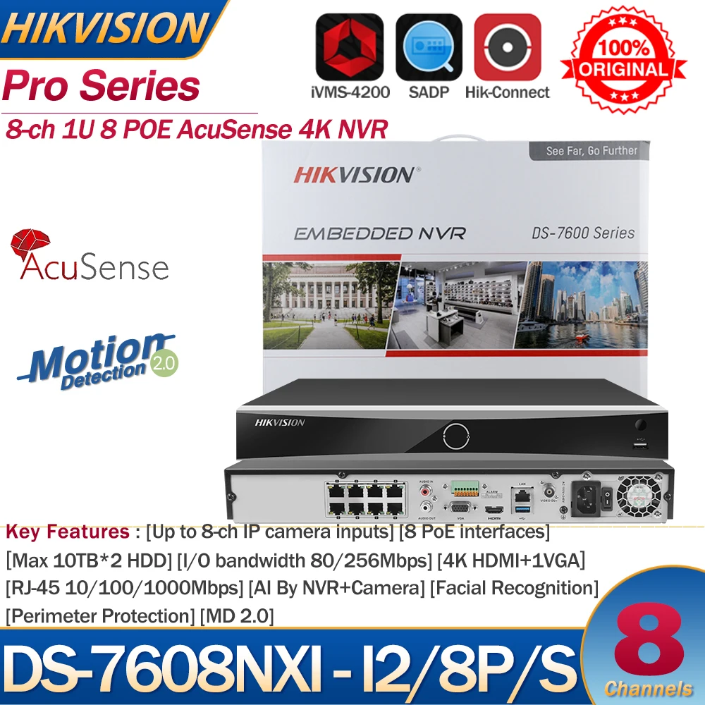 hikvision gravador de video camera de polegadas polegadas 1u vias acusense 4k ds7608nxi i2 polegadas gravador de video em rede suporte a camera de terceiros 01