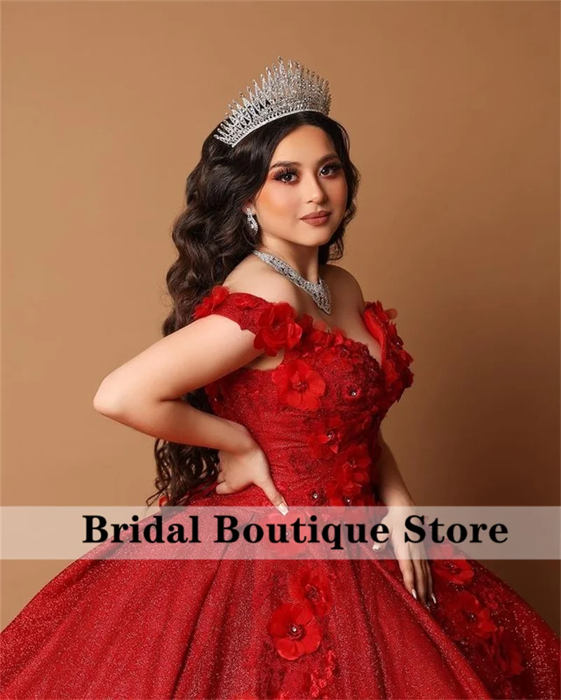 Red Sparkly Ball Gown Quinceanera Dresses 2023 3D Flower Applique Off Shoulder Sweet 15 16 Dress Birthday Party Wear