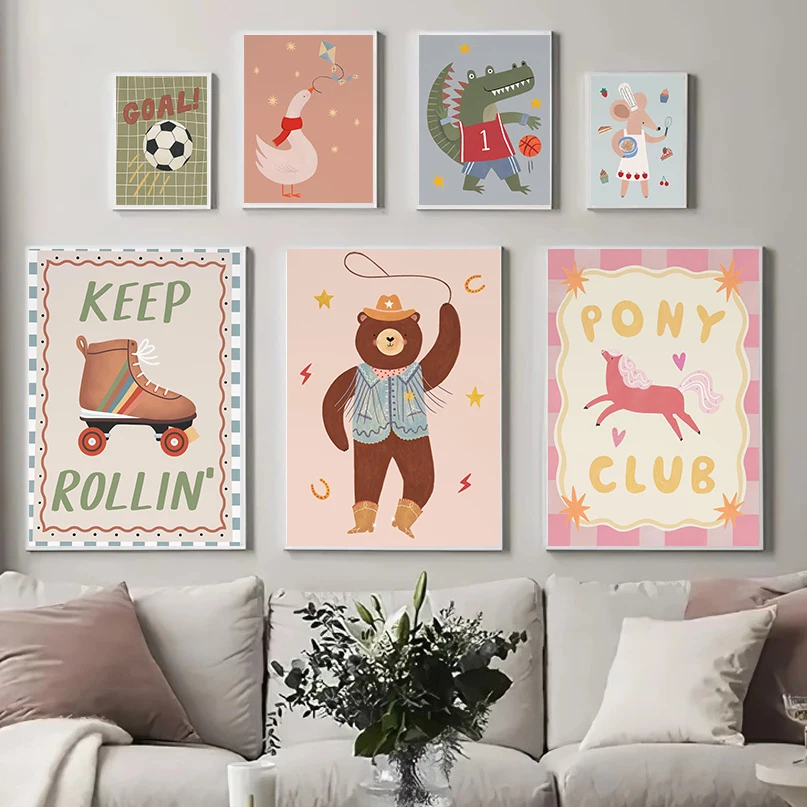 Children's Football Skateboard Funny Animals Poster Guitar Cool Cat Club Prints Canvas Painting Wall Art Picture Home Room Decor