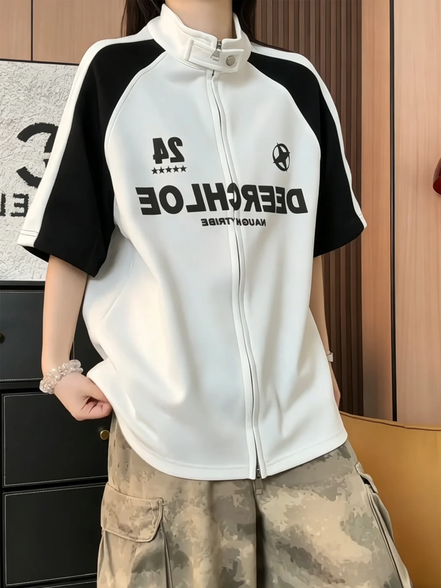 Unisex Zipper Color Block Short Sleeve T-Shirt Motorcycle Style High Street Neutral Summer Fashion Couple's Shirt Casual Brea...