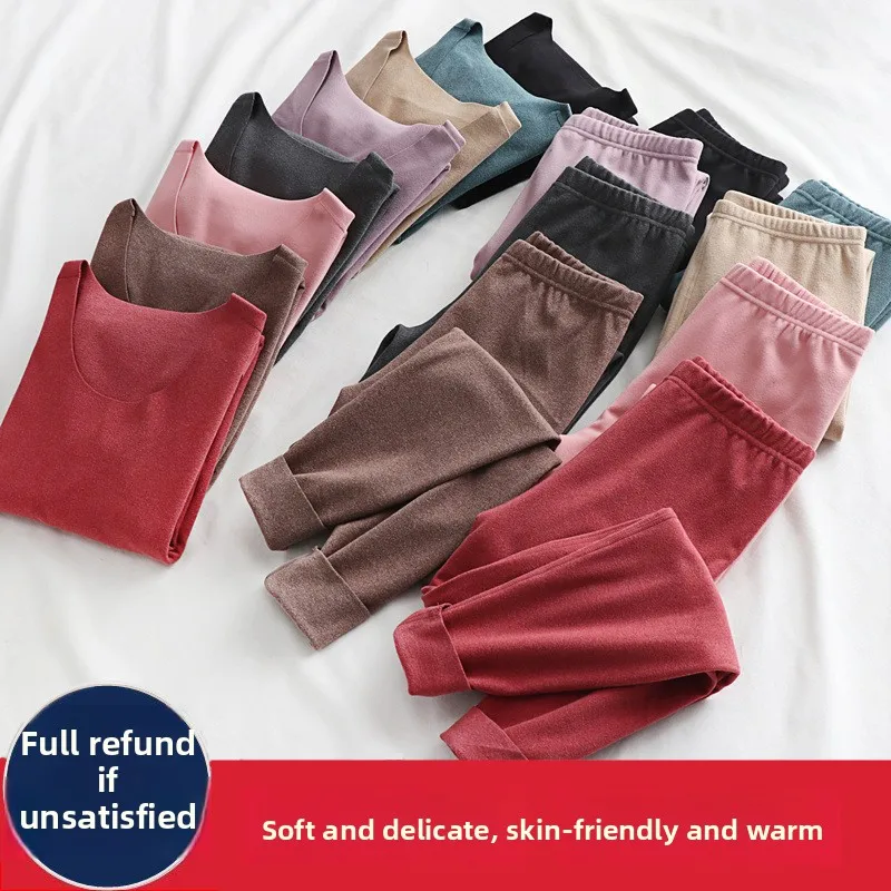 Women's Double-Sided Fleece Thermal Shirt Thickened Self-Heating Flannel Set Autumn Winter Warm Underwear Two-Piece Suit