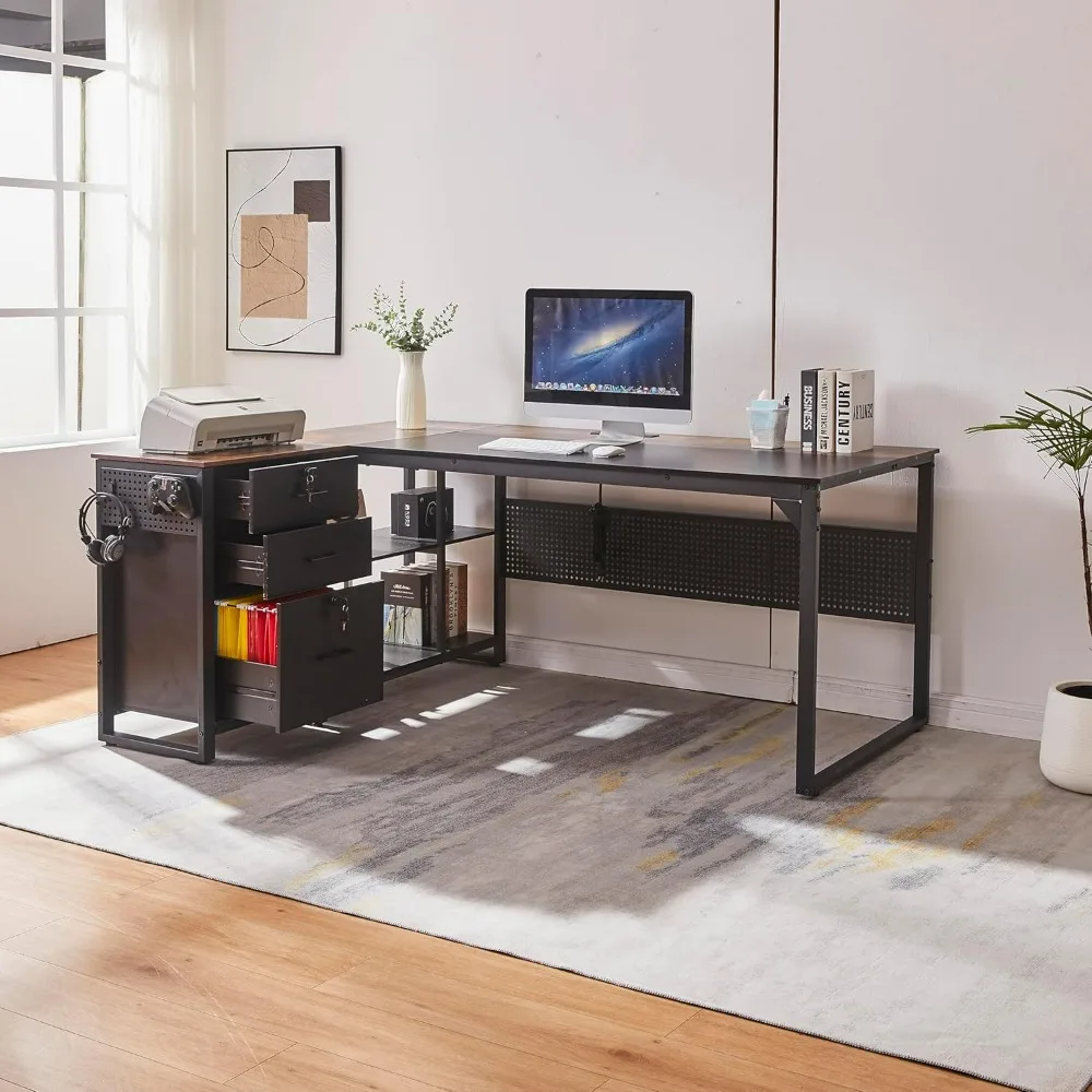 

70 Inch Reversible L-Shaped Executive Desk with Power Outlet Lockable Drawers Adjustable File Cabinet And Storage Shelve