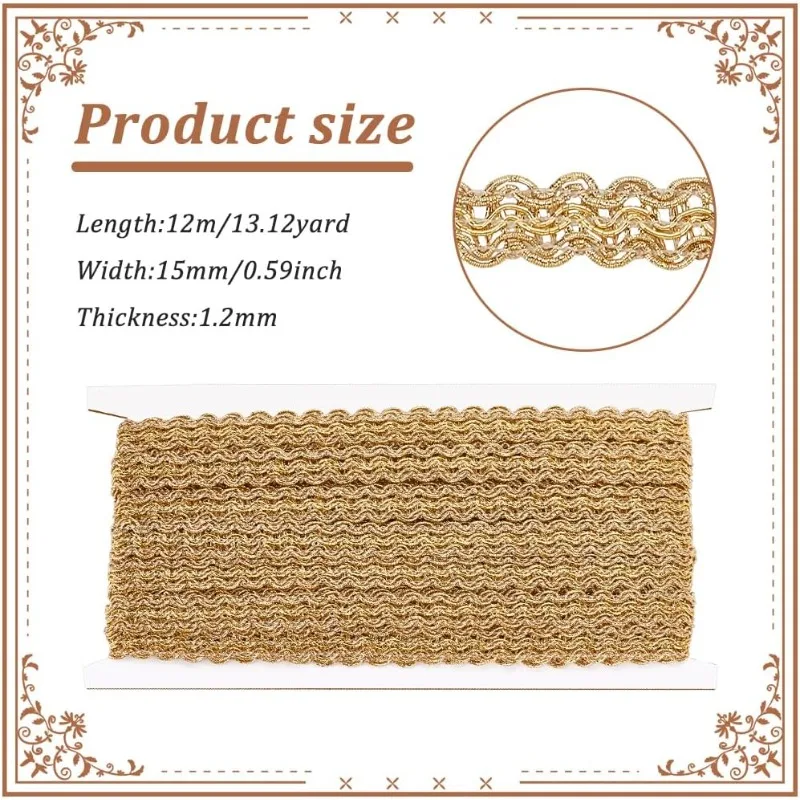 12m 13.1 Yards Gold Gimp Braid Trim 5/8 inch Wide Polyester Metallic Braid Edge Woven Braid Fabric for Sewing Hand DIY Crafts