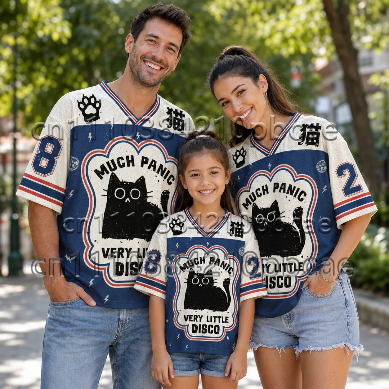 Harajuku Retro Fun Cartoon Cat Design Printed Sport Quick-dry Breath V-Neck T-shirt Streetwear Parent-child Pullover Clothing