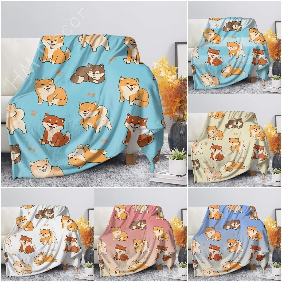 Shiba Inu Printed Blanket Cartoon Soft Warm Sherpa Fleece Blankets Throws for Bed Girls Boys Gift