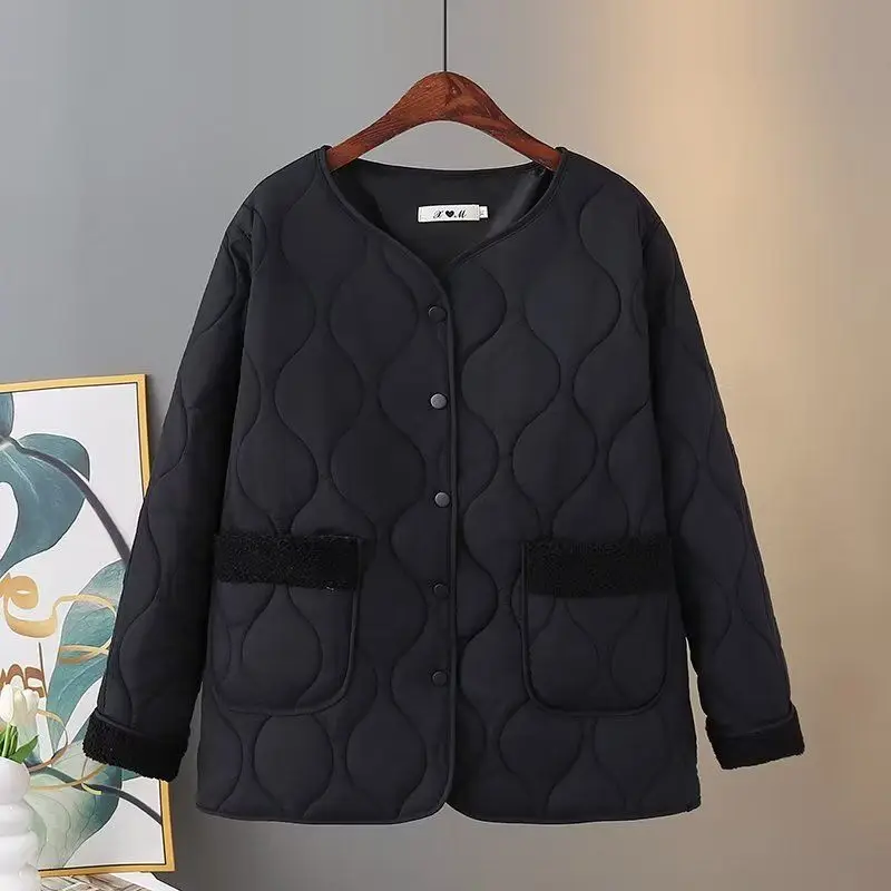 Autumn and Winter New Oversize Women's Cotton Jacket Loose Commuting Casual V-neck Patchwork Down Cotton Jacket