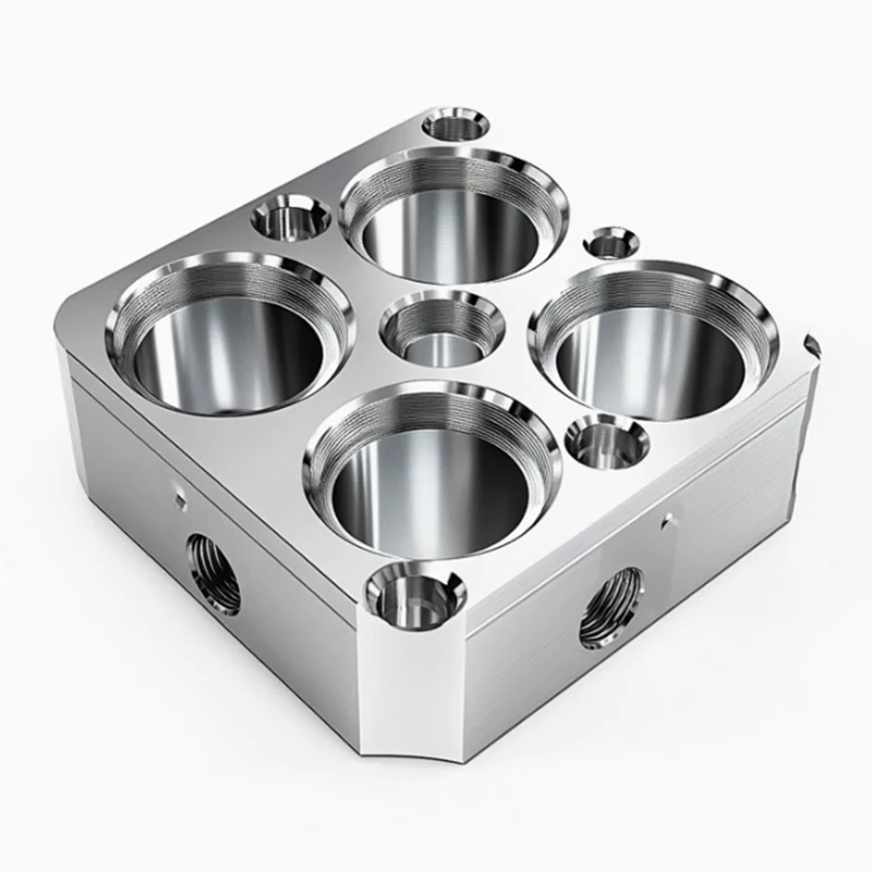 Custom stainless steel CNC machined precision fluid control module porous hydraulic valve block