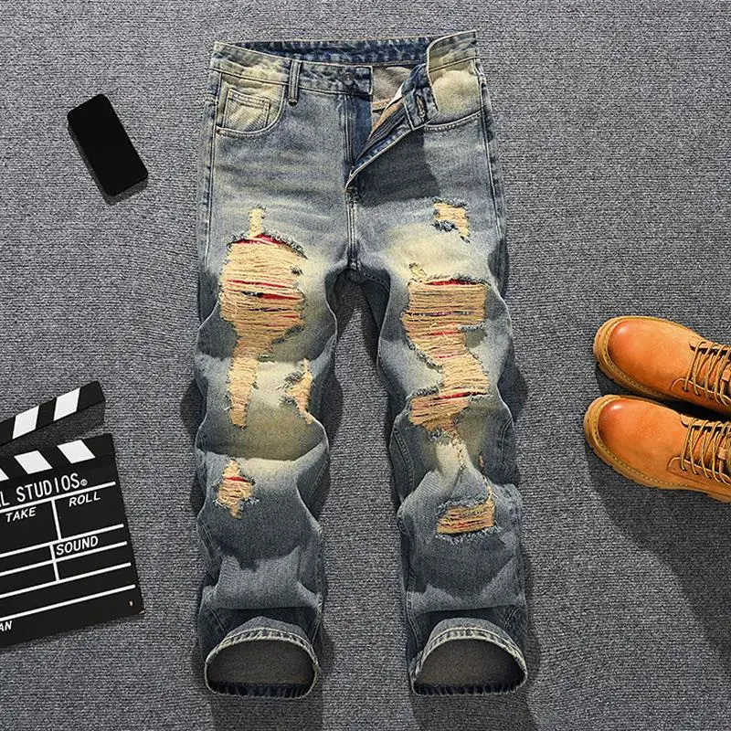 

Уличные красивые джинсы для мужчин, ностальгические ретро-ностальгические, свободные, прямая трубка, нашивка для пирсинга, изготовлен из старой джинсовой ткани, широкие брюки
